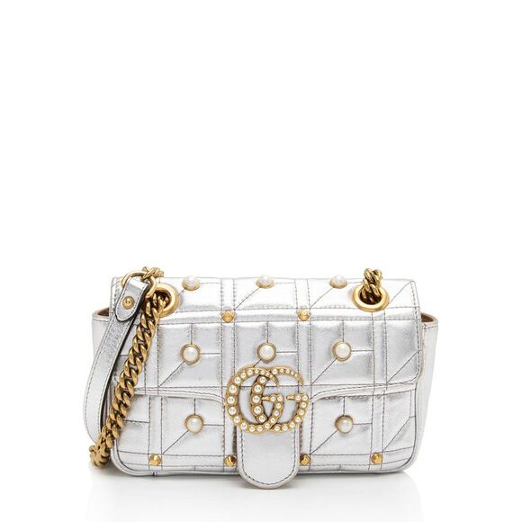 Gucci Handbags - Gucci Metallic Matelasse Leather Pearl GG Marmont Mini Flap Bag